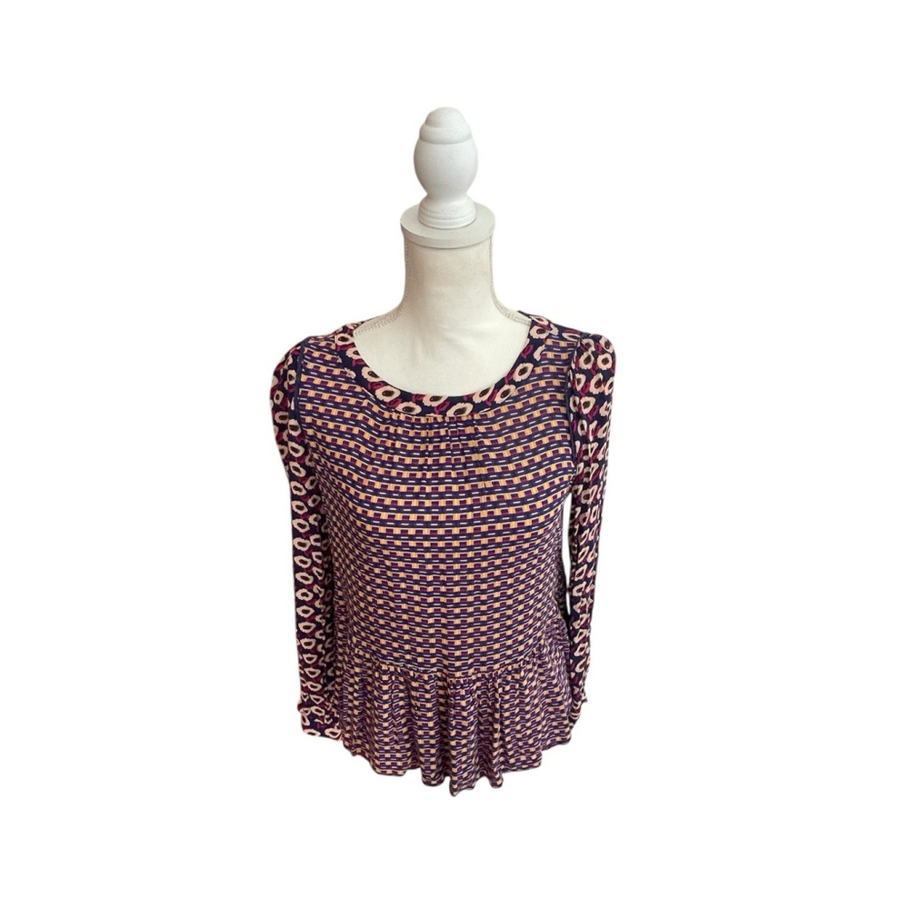 Anthropologie Maeve S Floral Abstract Cheyenne Peplum Long Slv Blouse Top Color